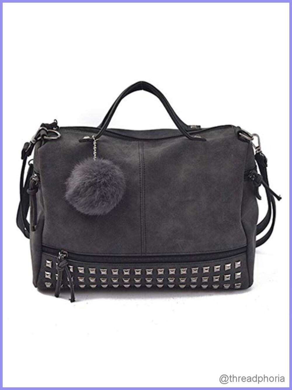 Studded Faux Leather Shoulder Bag Hobo Handbag Punk Purse with Pom Pom